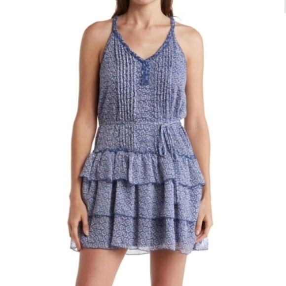 1.State Blue & White Floral Tiered Drop Waist Mini Dress - Picture 1 of 8
